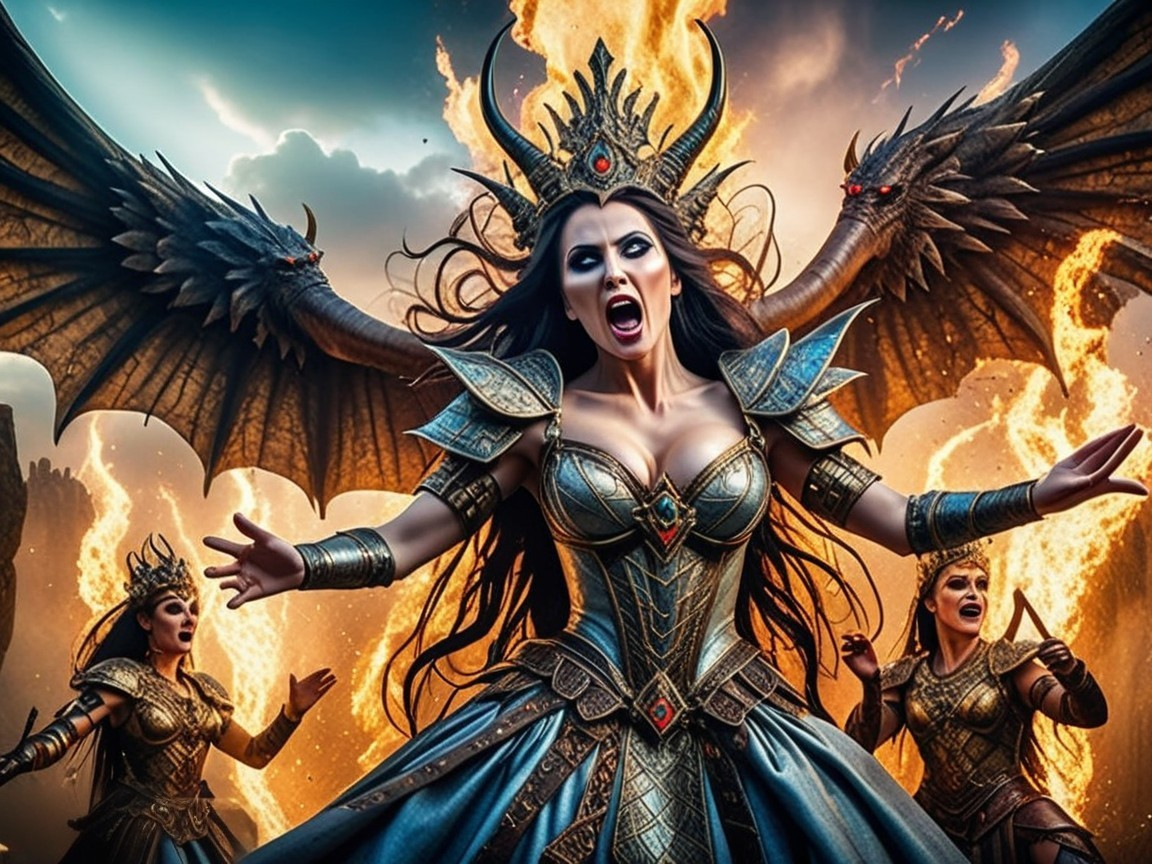 Powerful figure in metallic armor with dragons