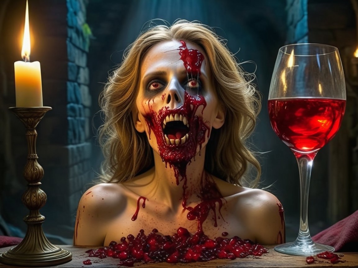 Undead Woman with Blood and Candlelit Atmosphere