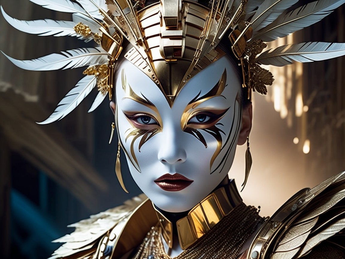 Ornate Armor and Headdress with Intricate Face Paint