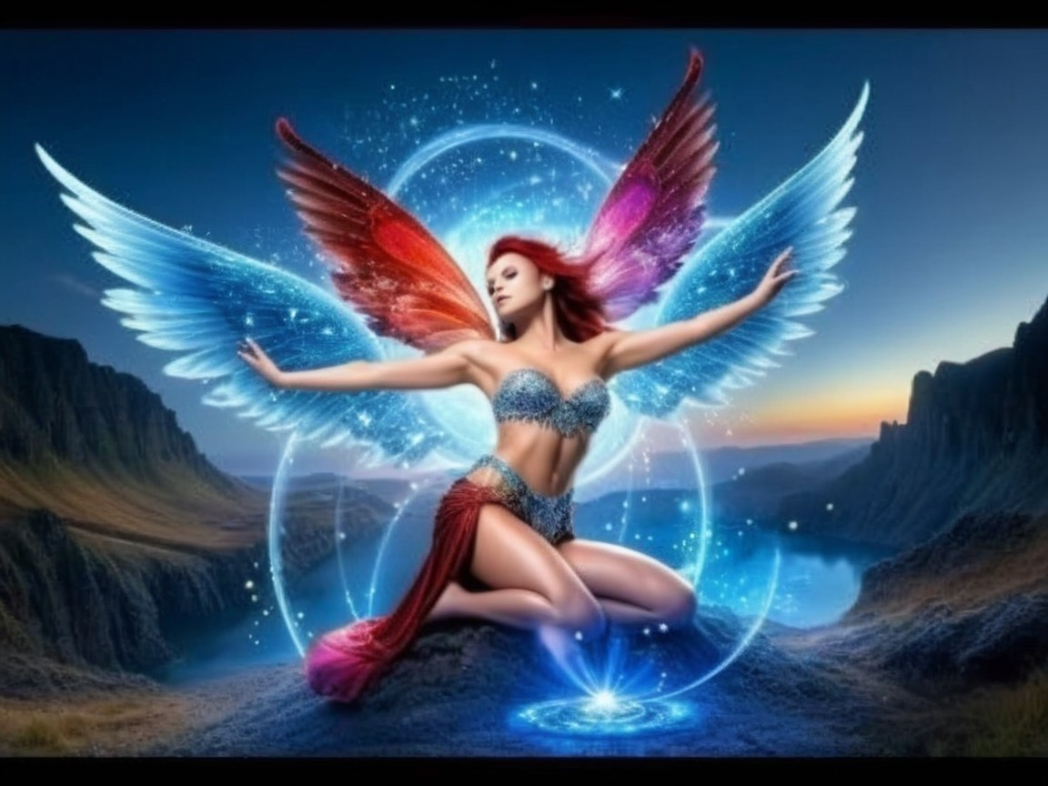 Fantasy Scene with Colorful Winged Woman at Sunset