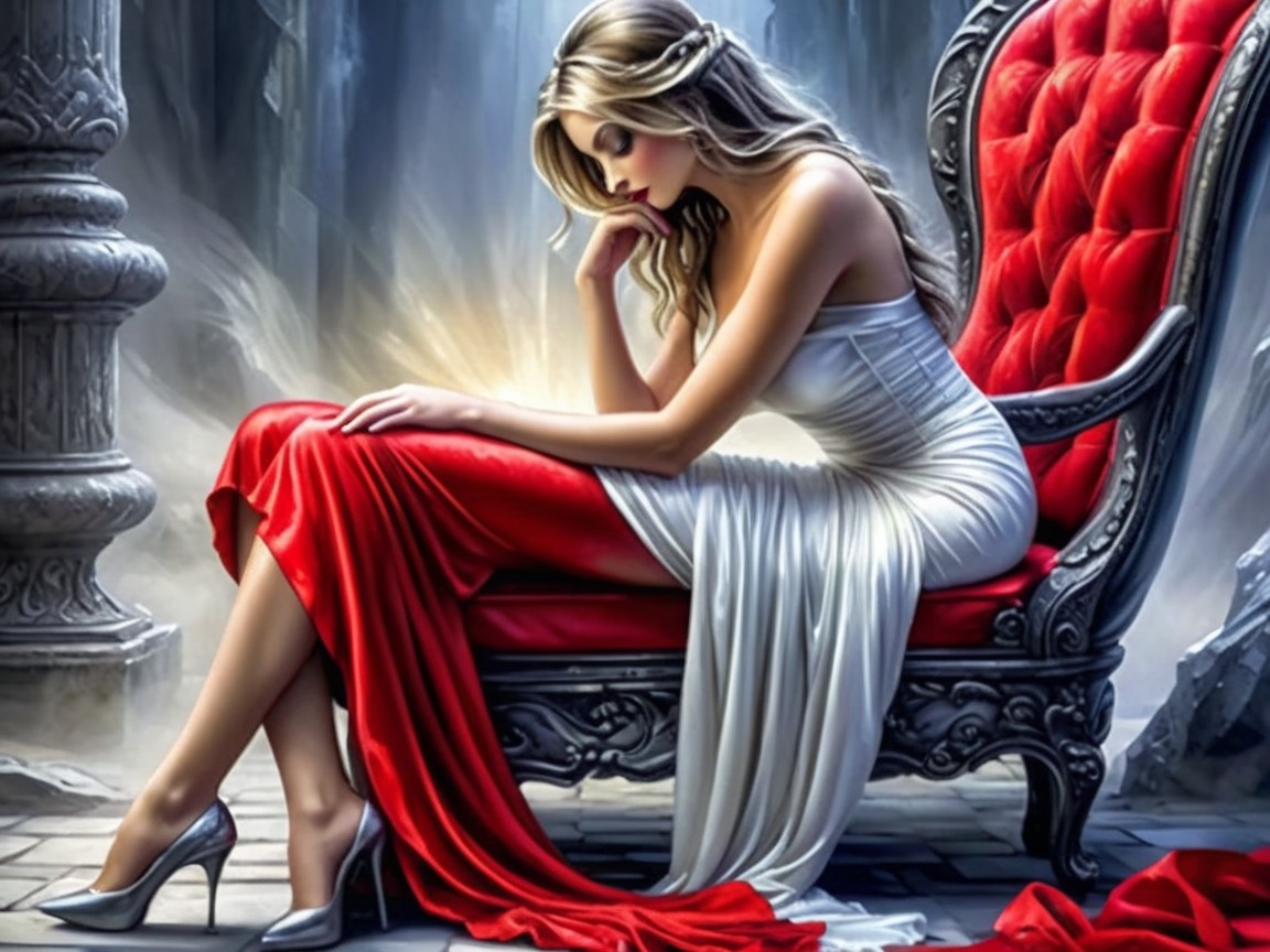 Young woman in white gown on ornate chair in mystical setting