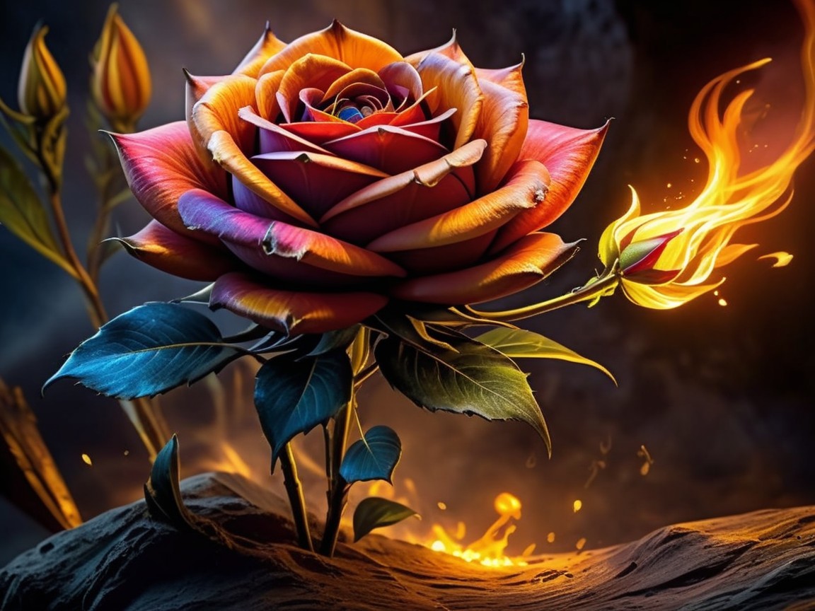 Vibrant Multicolored Rose in Mystical Landscape