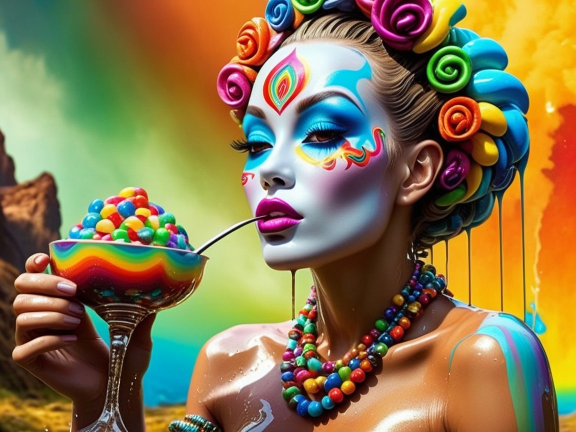 Vibrant Portrait of Woman with Colorful Makeup and Dessert