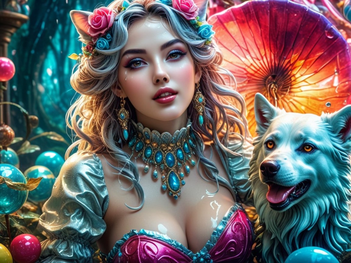 Fantasy Scene with Young Woman and Fluffy Dog