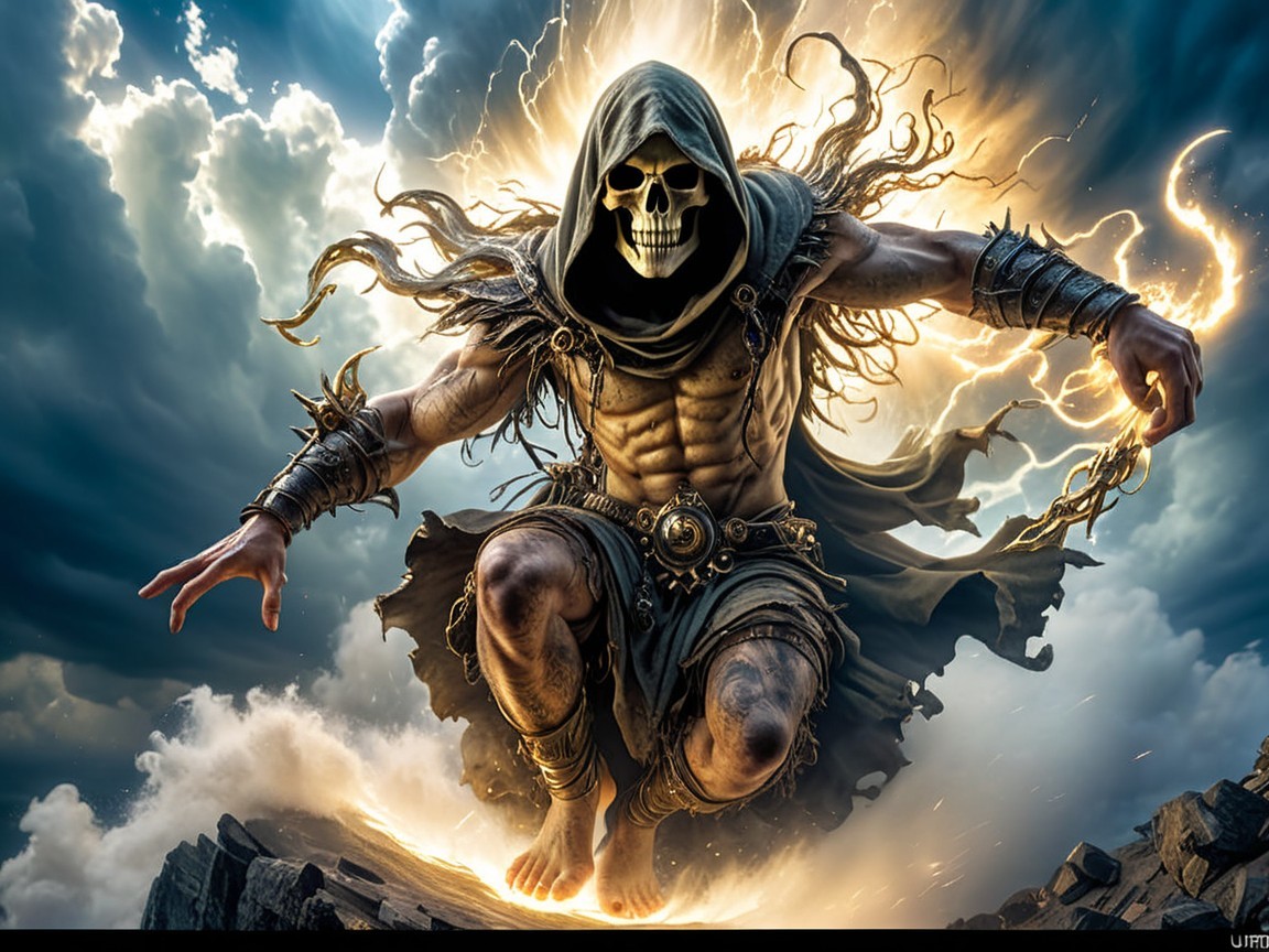 Skeletal Figure in Cloak Amidst Stormy Sky