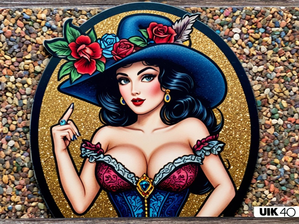 Vibrant Artwork of Glamorous Woman with Blue Hat