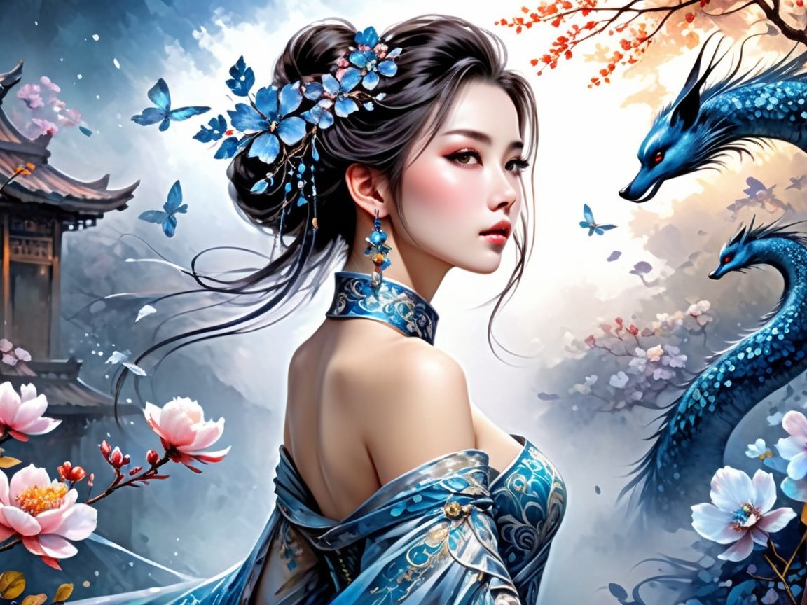 Ethereal woman in blue gown with butterflies and dragons