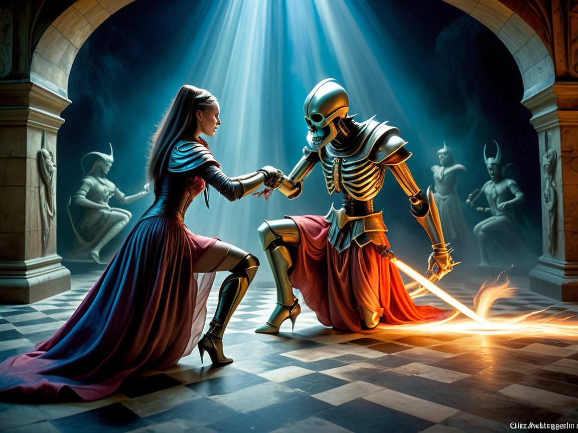 Warrior and Skeleton Duel in Dimly Lit Chamber