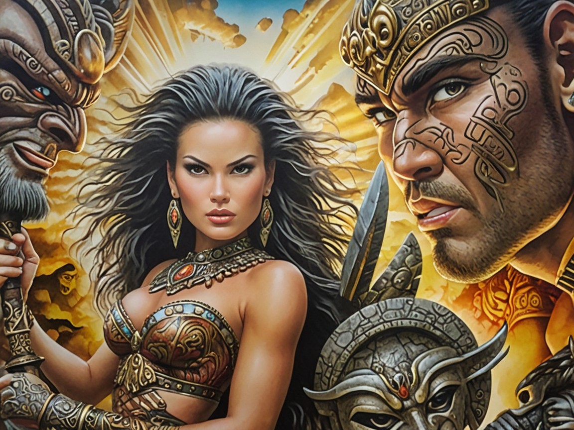 Warrior Woman with Tribal Man and Mythical Creature Artwork
