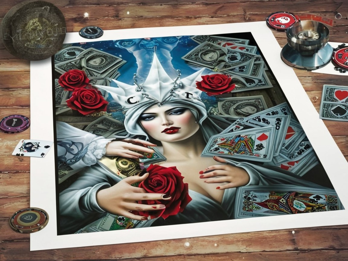 Glamorous Woman with Crown and Playing Cards Artwork