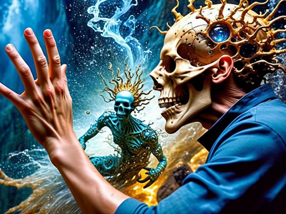 Surreal Scene of Humanoid Figures and Nature Elements