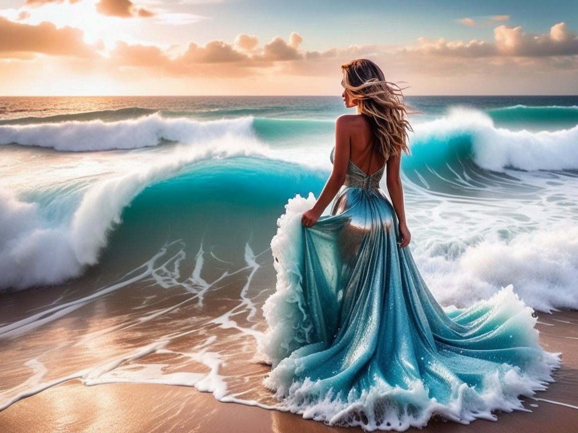Woman in Turquoise Gown at Serene Shoreline