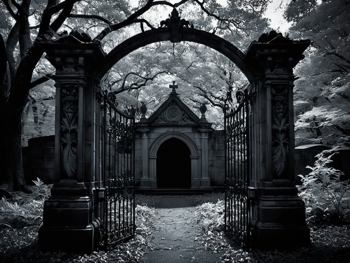 Secluded Mausoleum Entrance with Ornate Gates and Trees