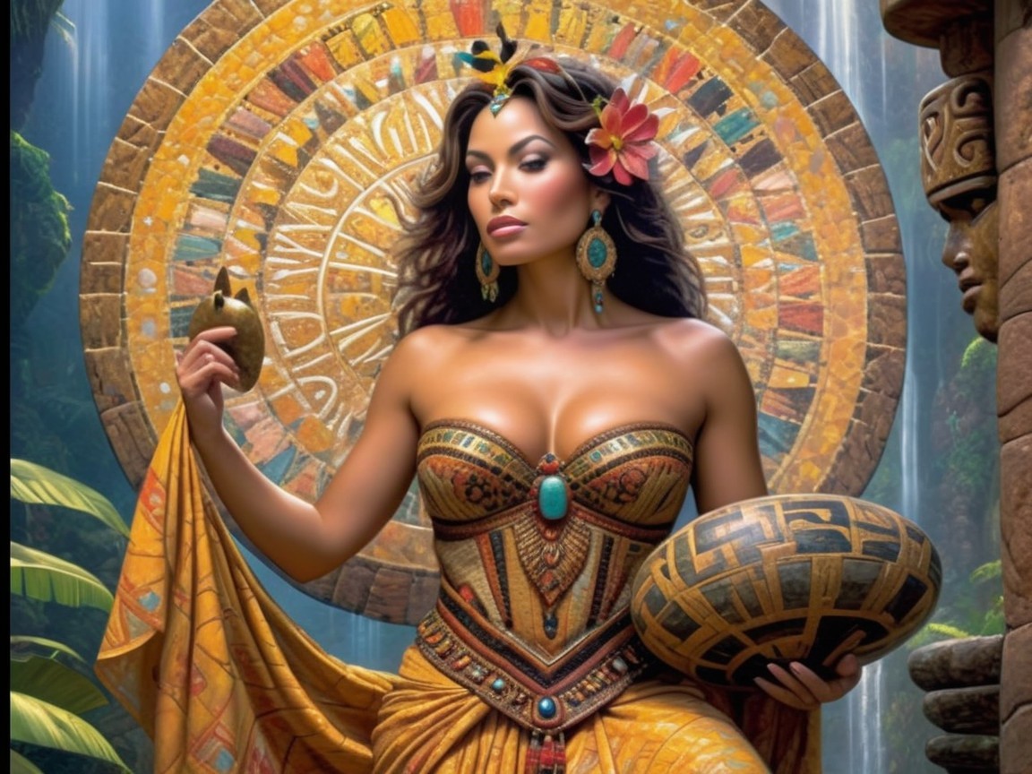 Woman in Golden-Brown Gown with Tropical Backdrop