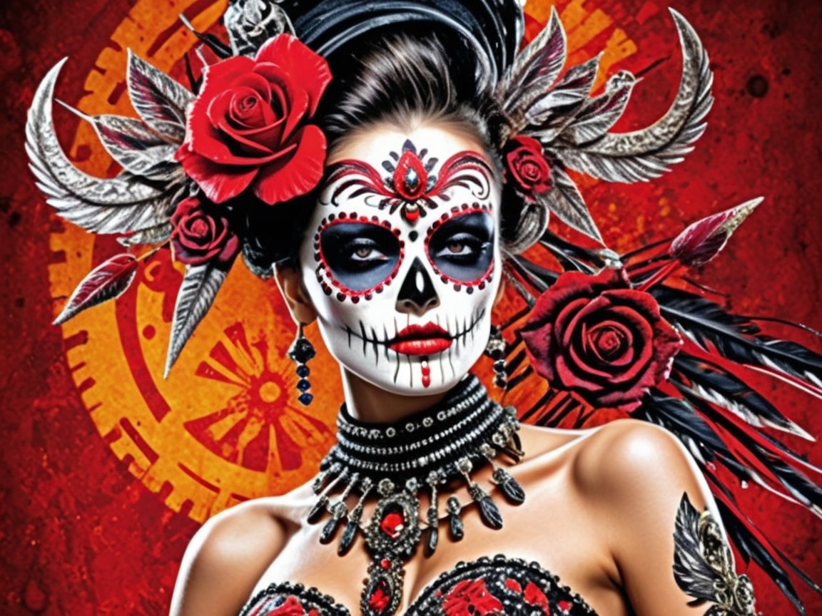 Elaborate Dia de los Muertos Figure with Roses and Jewelry