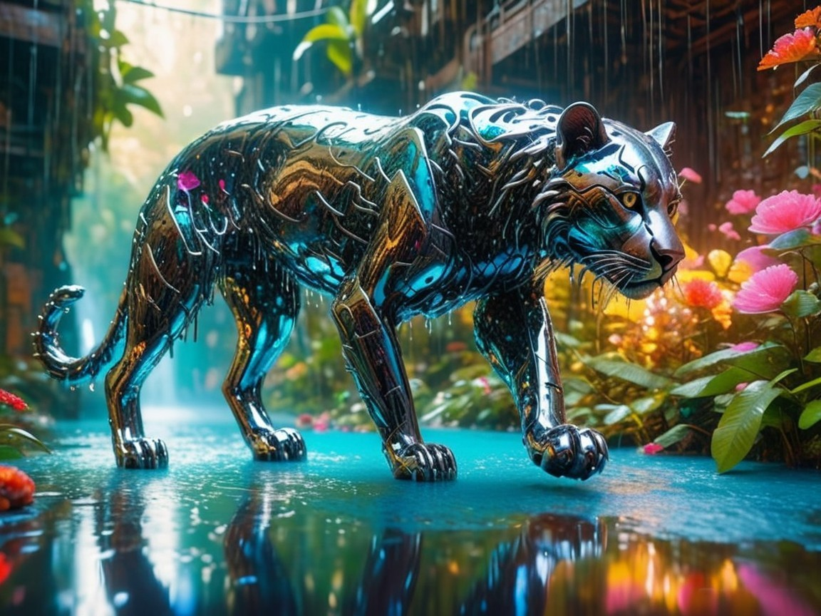 Metallic Panther in a Lush Jungle with Rain