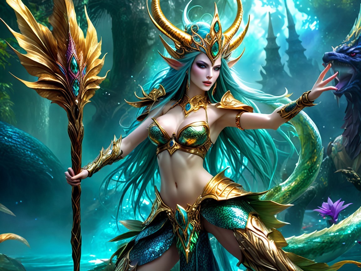 Fantasy Scene with Female Figure in Emerald Armor