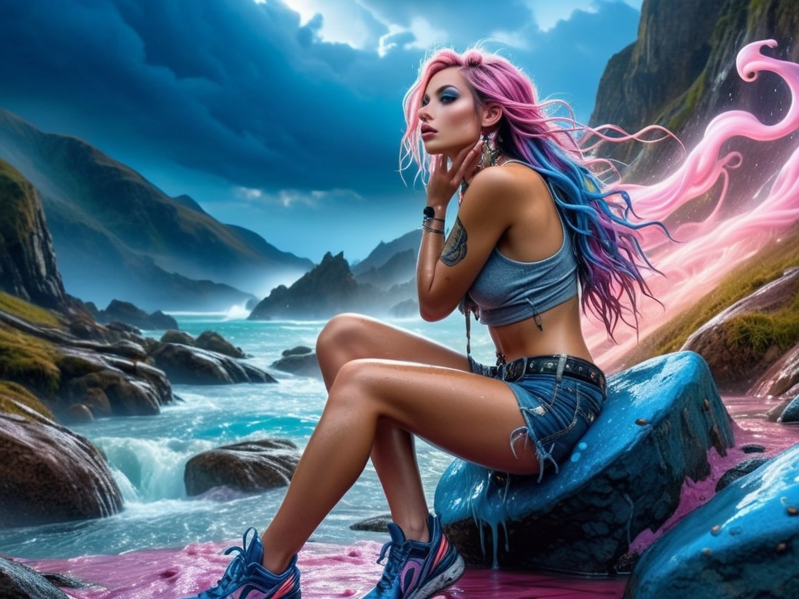 Young Woman by Turquoise Sea with Pink and Blue Hair