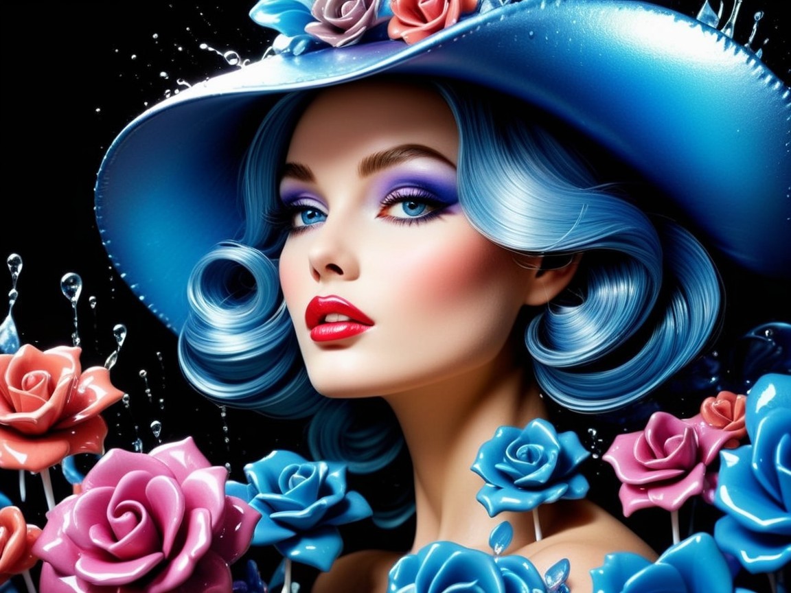 Glamorous Woman with Blue Hair and Floral Hat