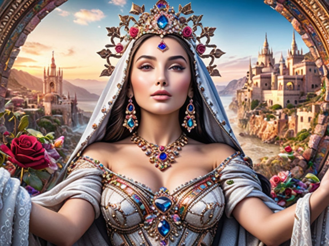 Regal figure in a fantastical landscape with castles