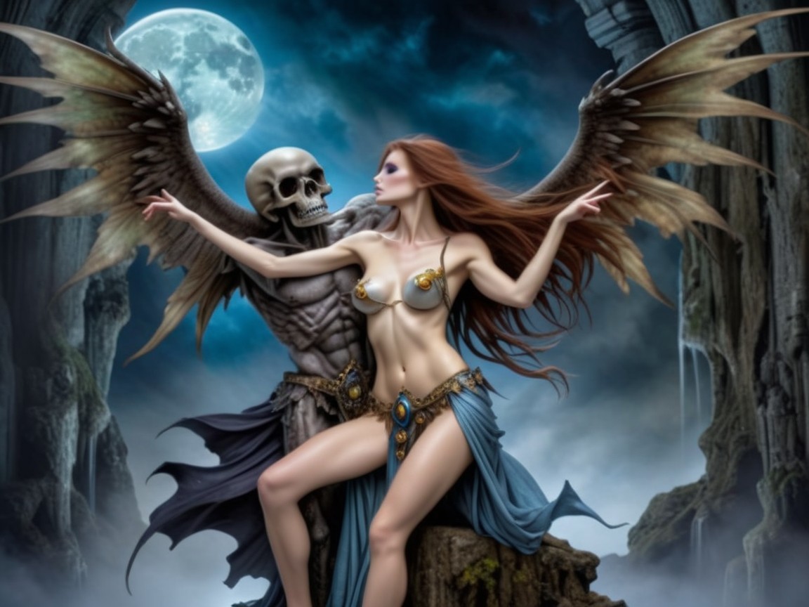 Mystical Scene with Woman, Wings, and Skeletal Figure