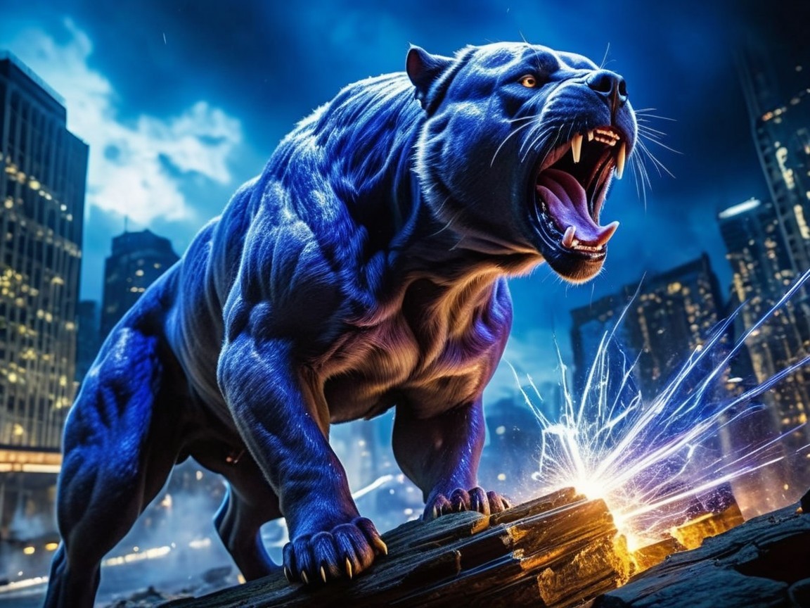 Majestic Blue Panther Roaring Over City Skyline