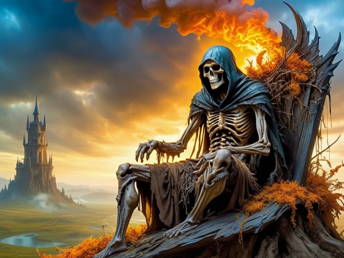 Skeletal Figure on Throne with Mystical Castle Background