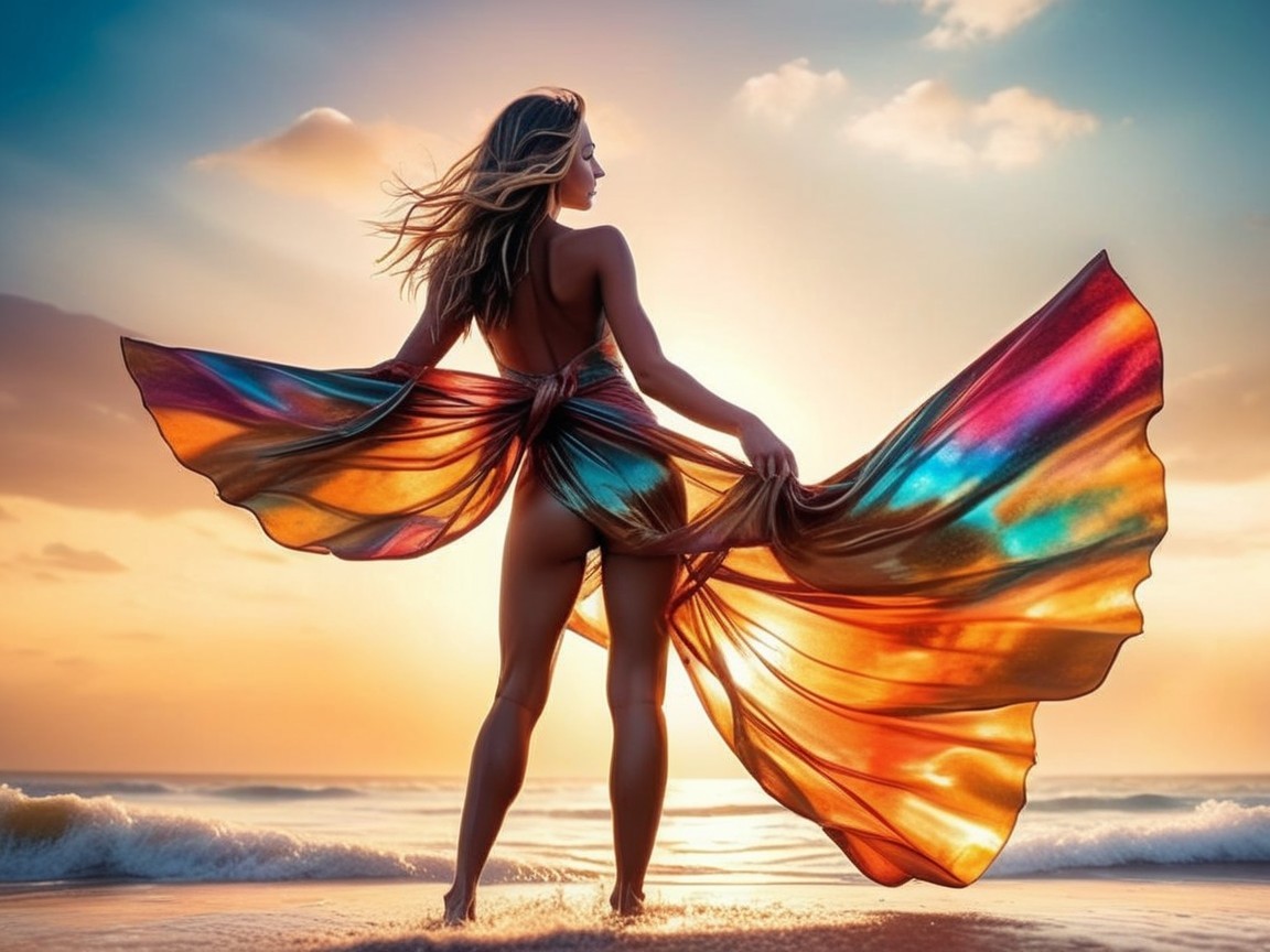 Silhouette at Beach with Vibrant Sunset and Dress