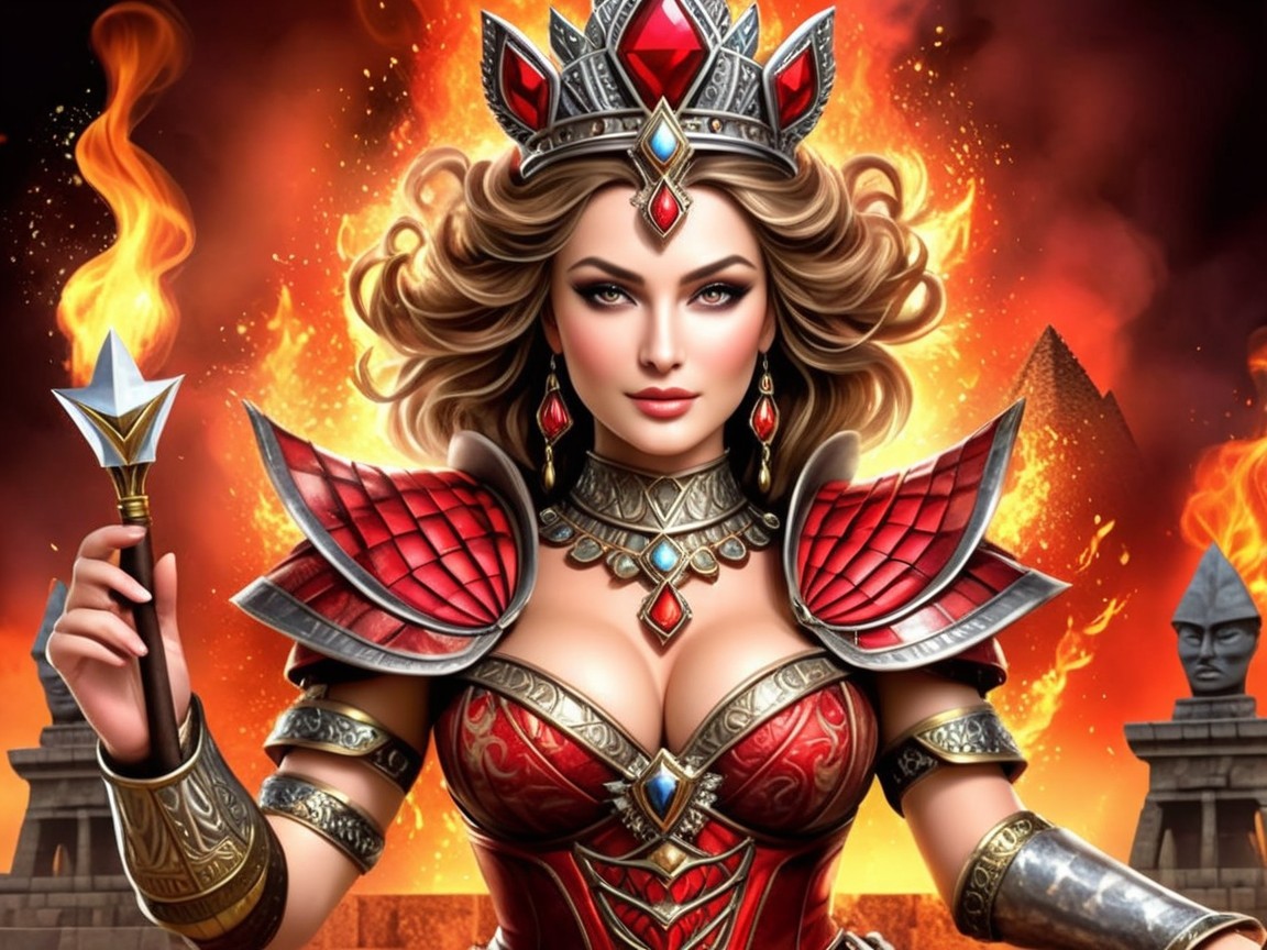 Regal figure in red and gold armor with flames backdrop