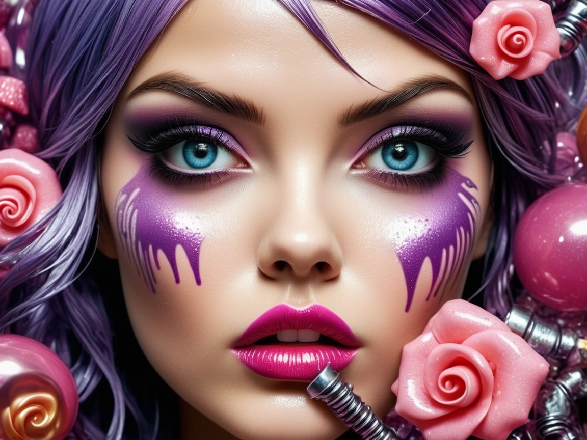 Close-up of a woman with purple hair and pink roses