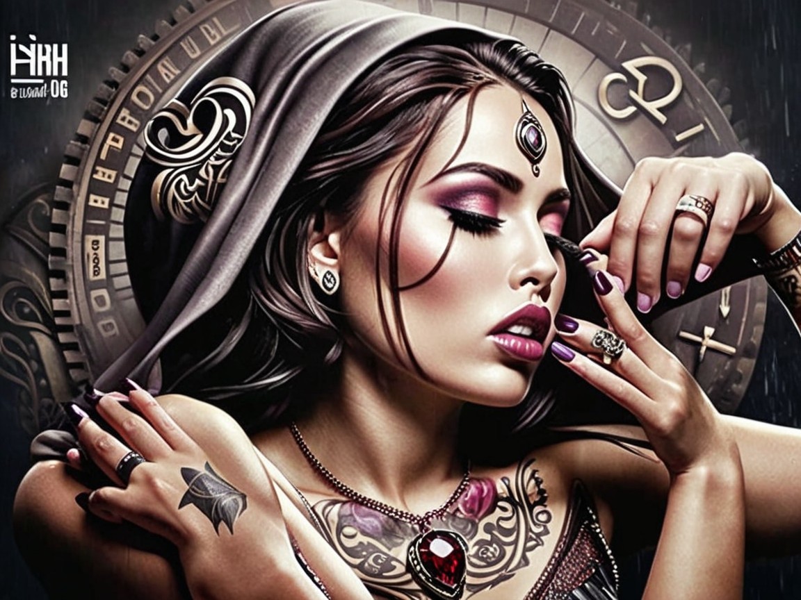 Elegant woman with tattoos and dark veil in mystique