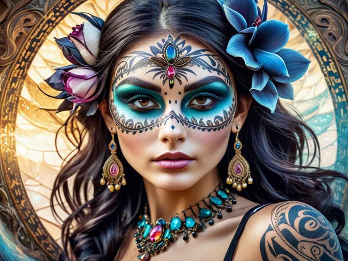 Colorful Skull Makeup with Intricate Patterns and Flowers