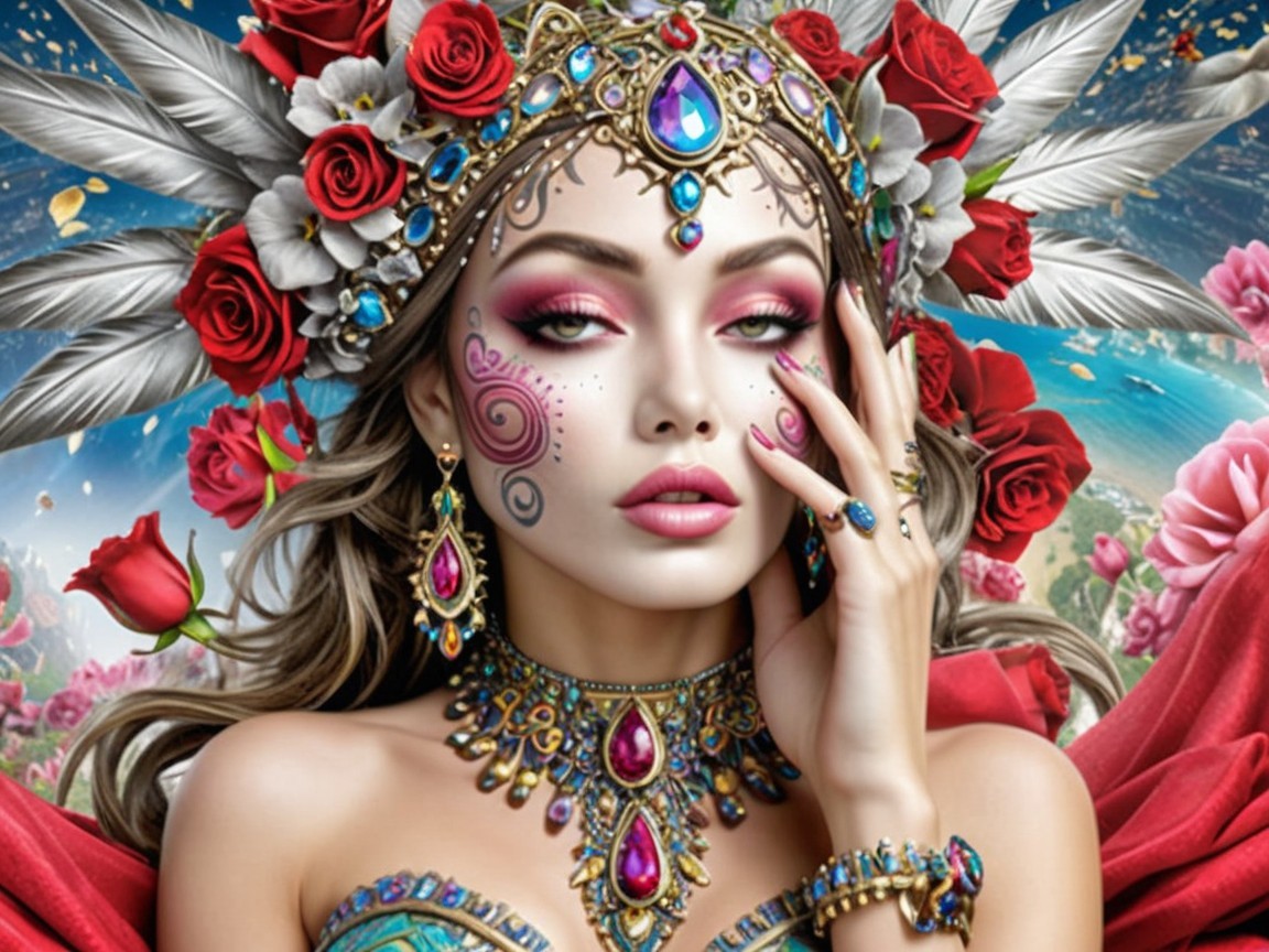 Elegant Woman with Feathered Headdress and Jewelry
