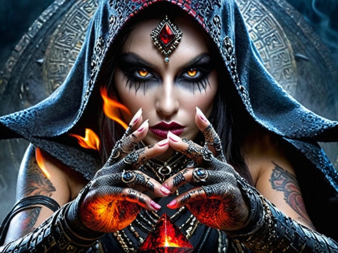 Mysterious Figure with Hood and Glowing Red Crystal