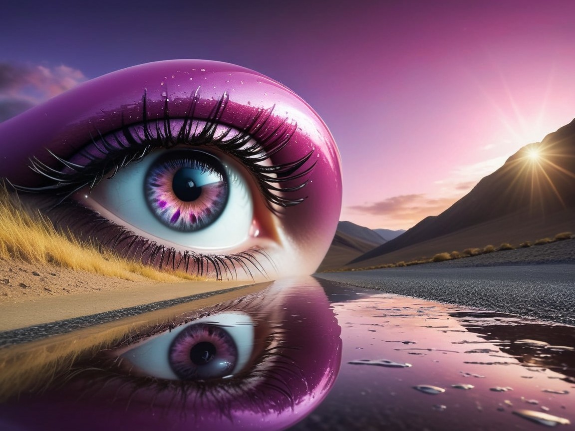 Surreal Landscape with Giant Colorful Eye and Twilight Sky