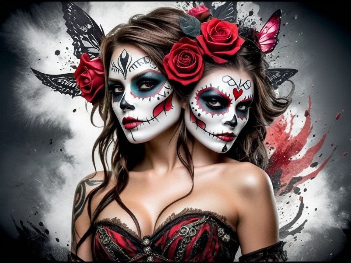 Women with Sugar Skull Makeup and Floral Accents