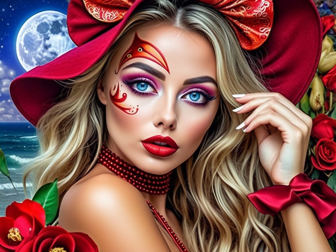 Portrait of a woman with bold makeup and red hat
