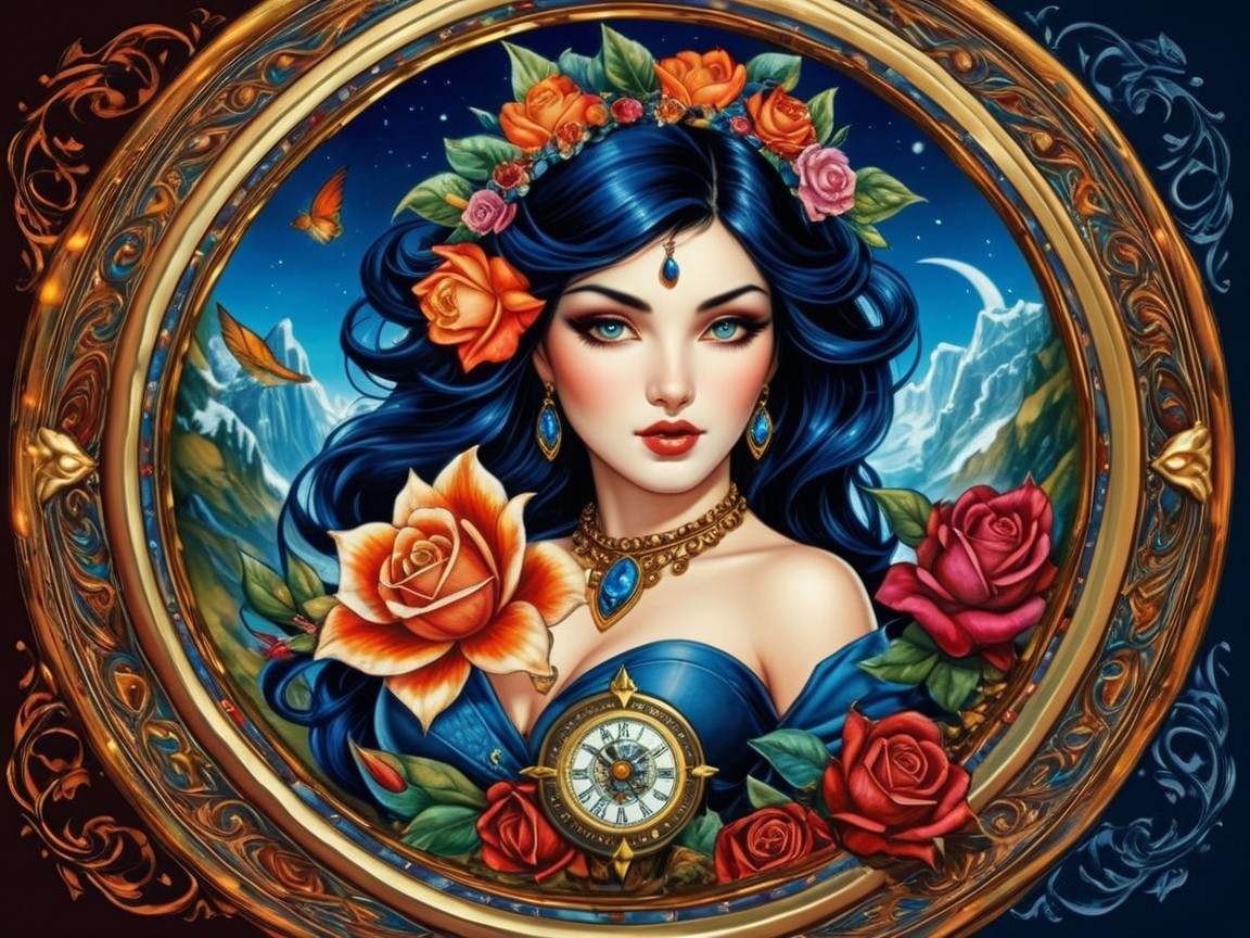 Elegant Woman with Blue Hair and Floral Adornments