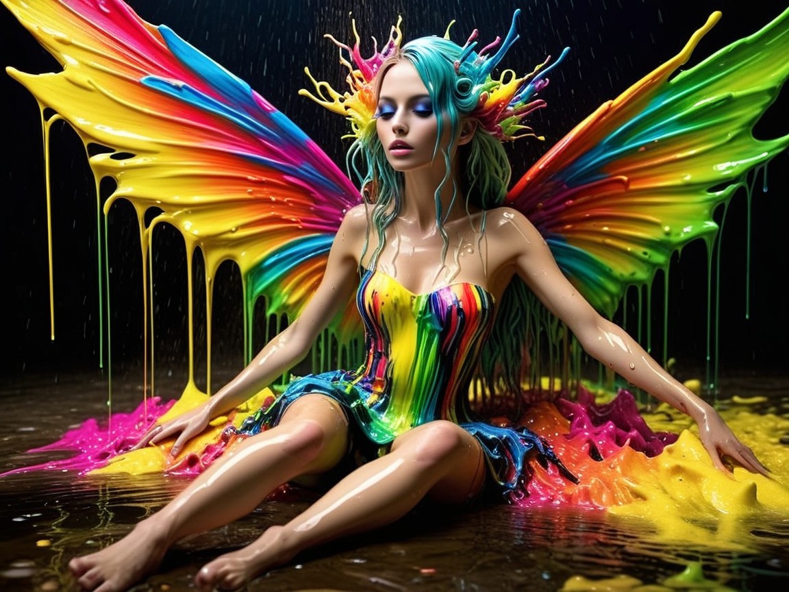 Colorful Ethereal Figure with Rainbow-Hued Wings
