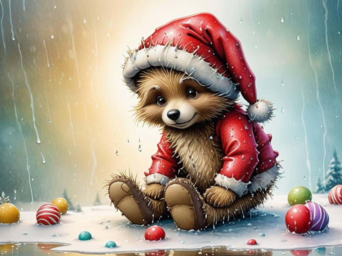 Fluffy Brown Teddy Bear Dressed as Santa on Wet Surface