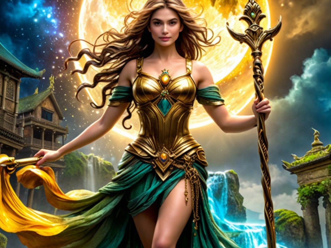 Fantasy Figure in Golden Armor in Mystical Landscape