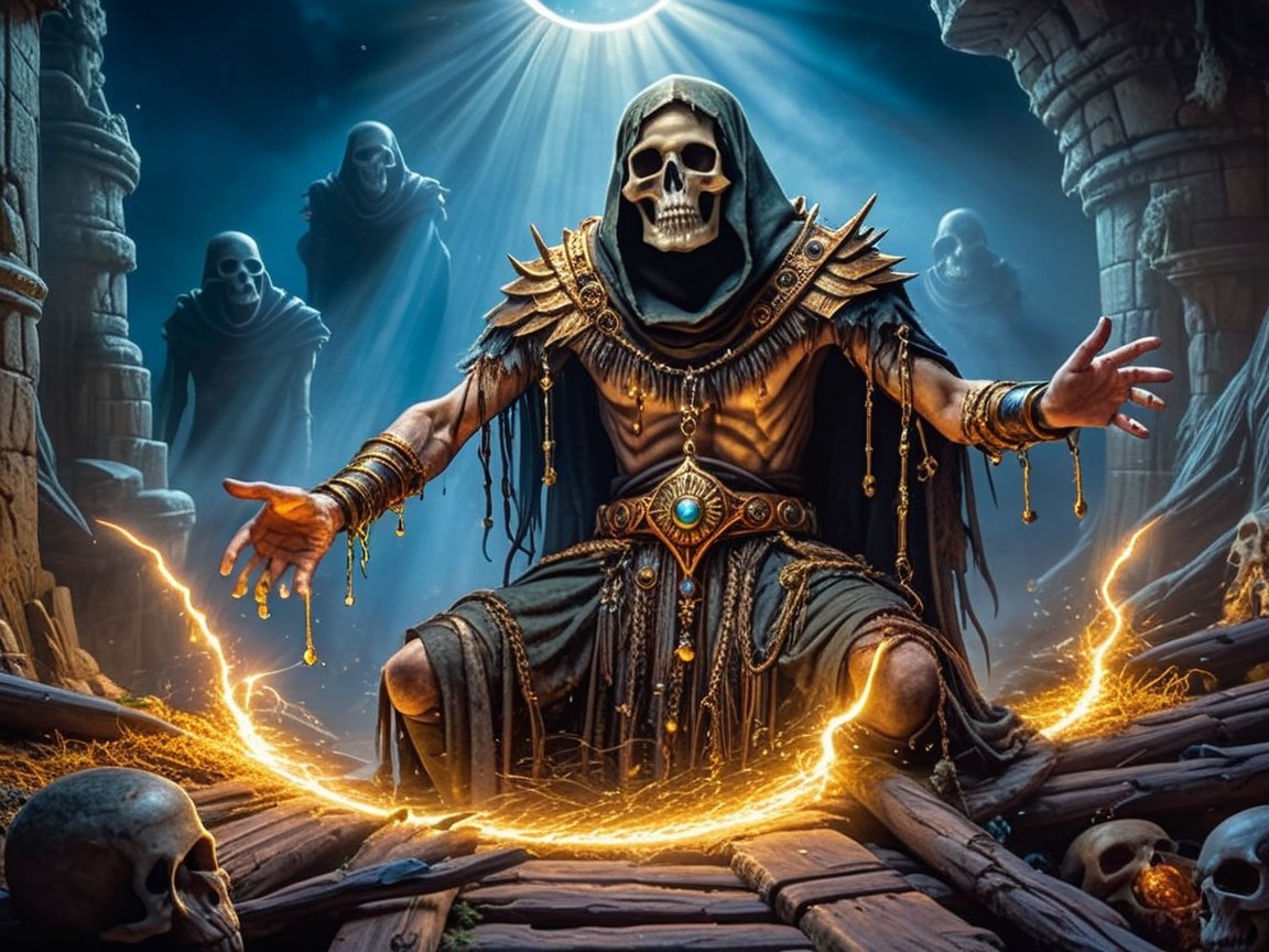 Mysterious Figure in Ancient Armor with Specters and Energy