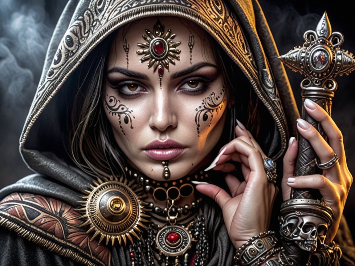 Woman in Hooded Cloak with Intricate Jewelry and Markings