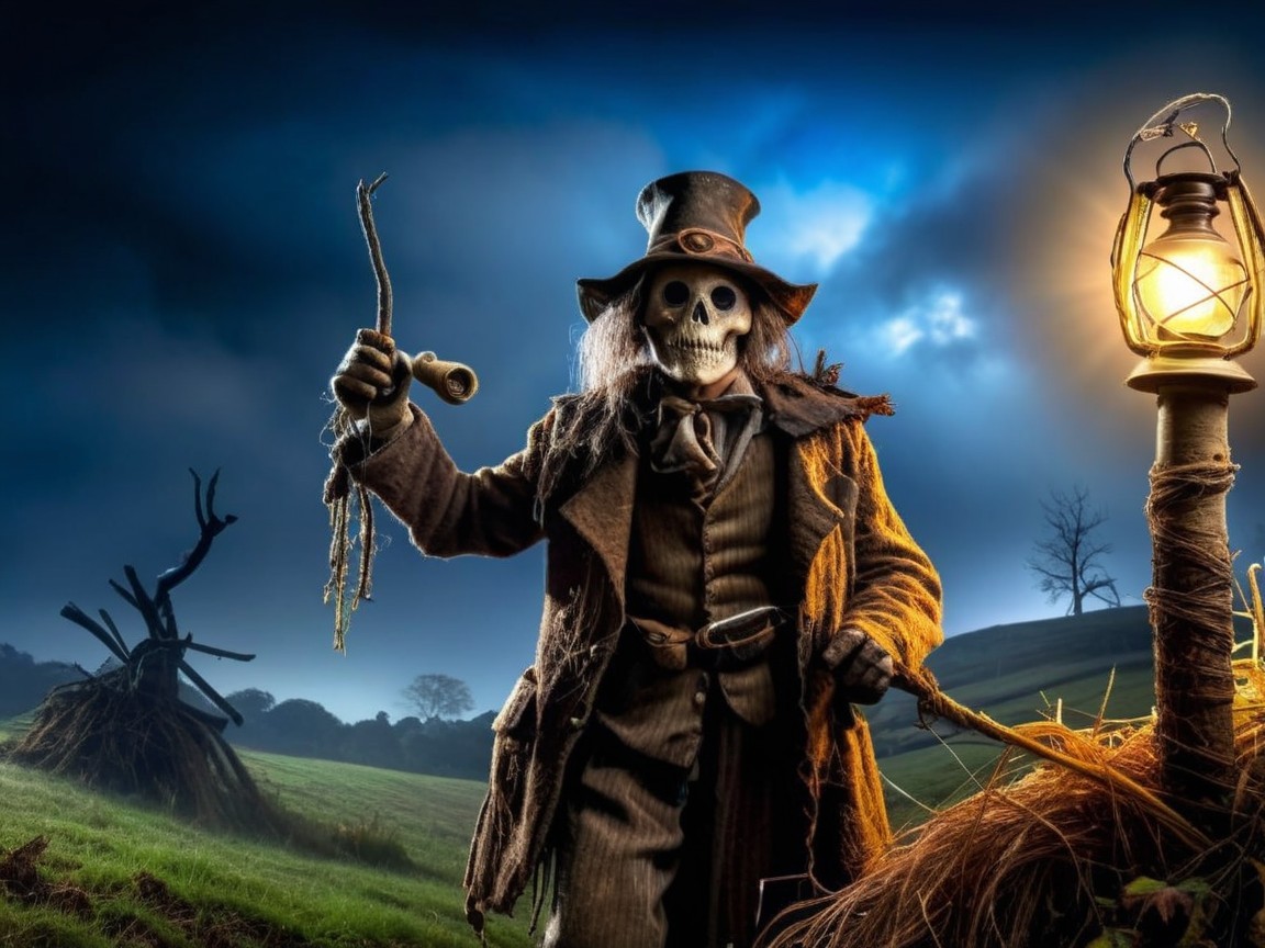 Sinister Figure in Eerie Landscape with Lantern