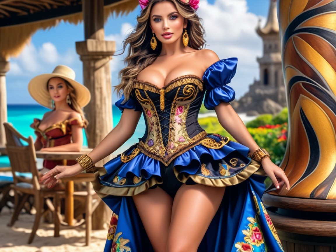 Tropical Beach Scene with Elegant Women in Dresses