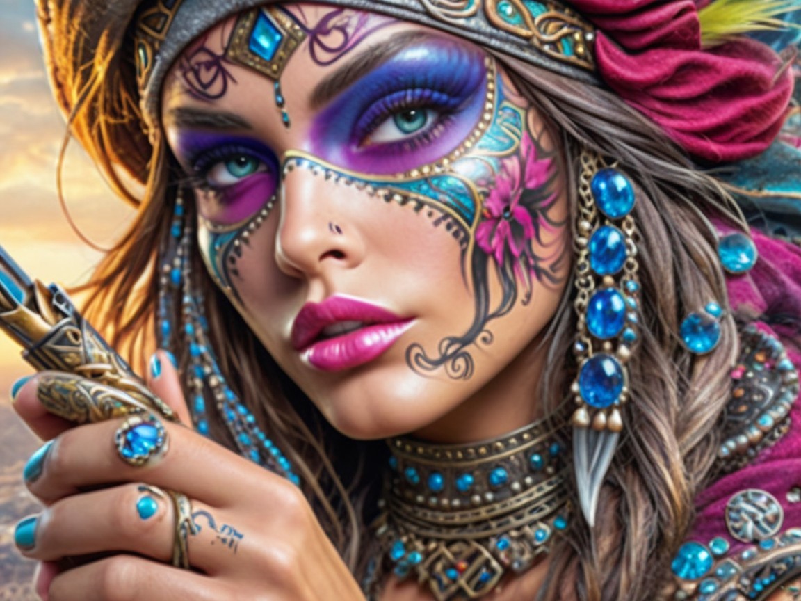 Vibrant Makeup and Intricate Face Art with Accessories
