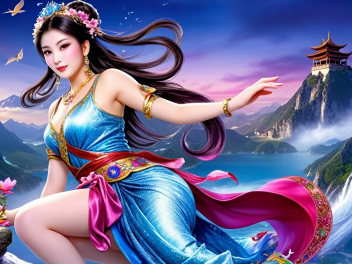 Elegant Woman in Traditional Dress Amidst Scenic Landscape