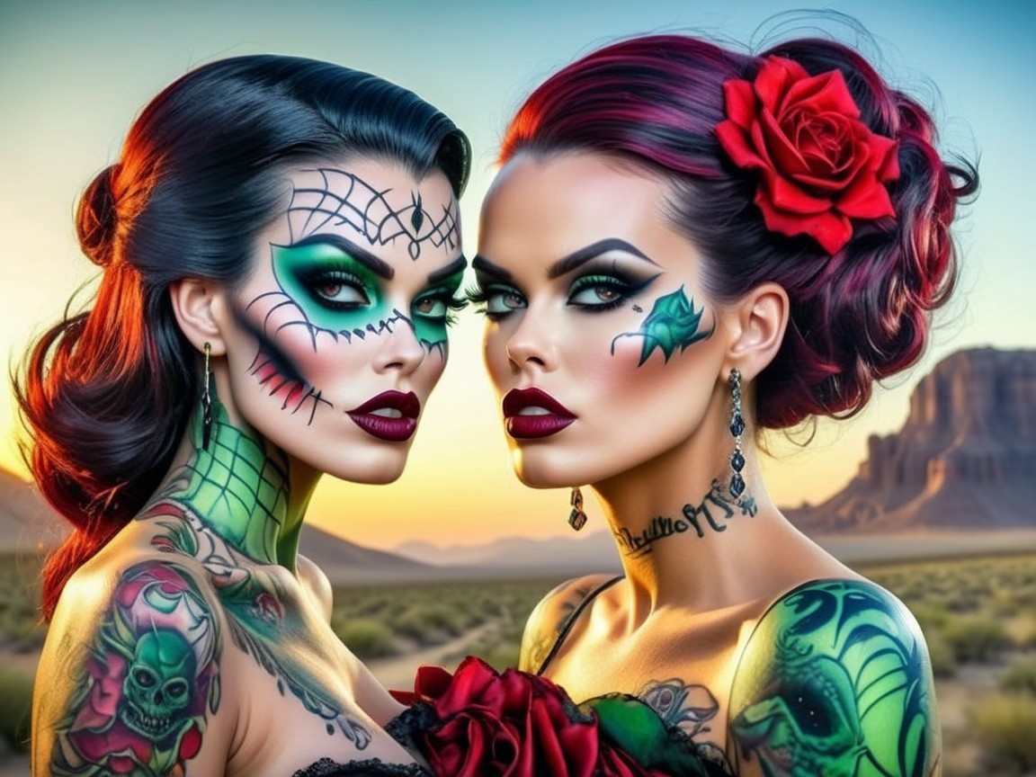 Women with Tattoos and Bold Makeup at Sunset