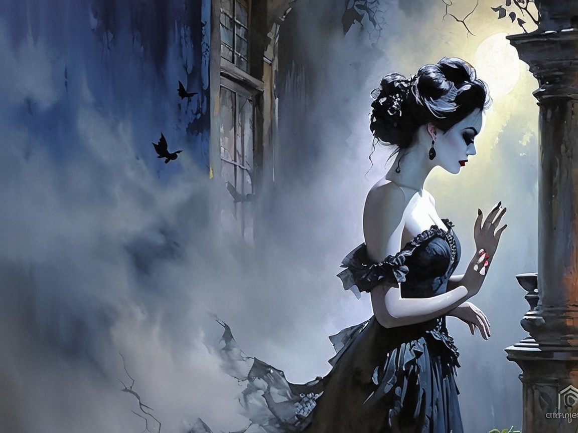 Gothic Scene with Figure in Black Gown and Crows