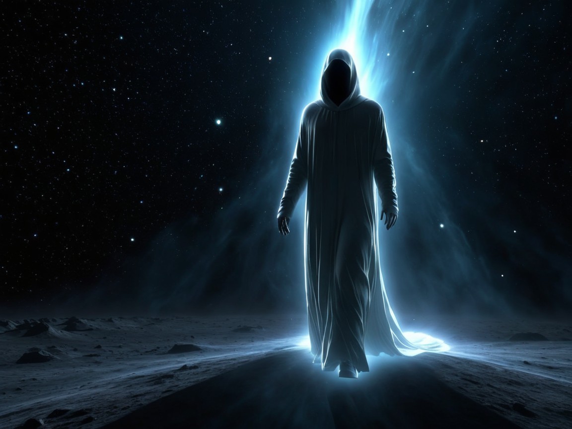 Mysterious Figure in Glowing Robe on Cosmic Landscape